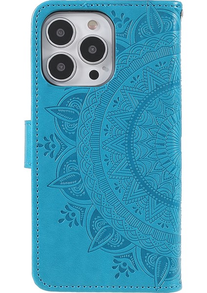 Çizilmeye Karşı Dayanıklı Baskılı Mandala Totem Desen Deri Cüzdan Kapaklı Koruyucu Kılıf Kılıfı Kayışlı iPhone 13 Pro Max 6.7 Inç-Mavi (Yurt Dışından) modelleri