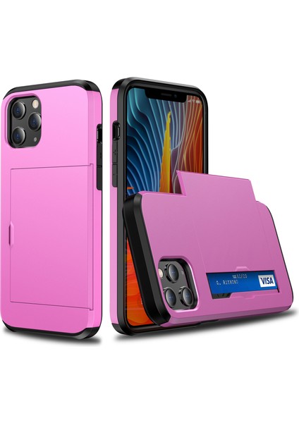 iPhone 12 Pro/12 Için Çizilmez Dayanıklı Darbeye Dayanıklı Toz Geçirmez Telefon Çantası Kapağı Sürgülü Kart Yuvası Plastik + Tpu Hibrit Kabuk Telefon Kılıfı-Pembe (Yurt Dışından)