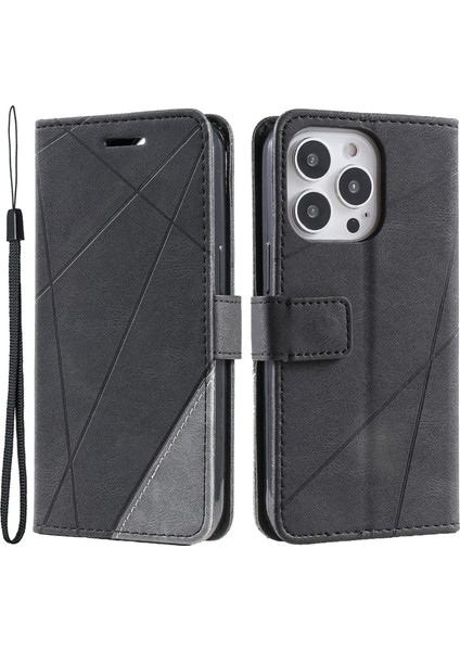 iPhone 16 Pro Max Kılıf Cüzdan Cilt Dokunuşlu Deri Kapak Baskılı Çizgiler-Siyah (Yurt Dışından)