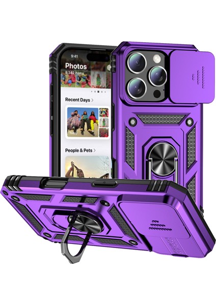 iPhone 16 Pro Kılıf Halkalı Kickstand Pc+Tpu Telefon Kılıfı Camshield-Mor (Yurt Dışından)
