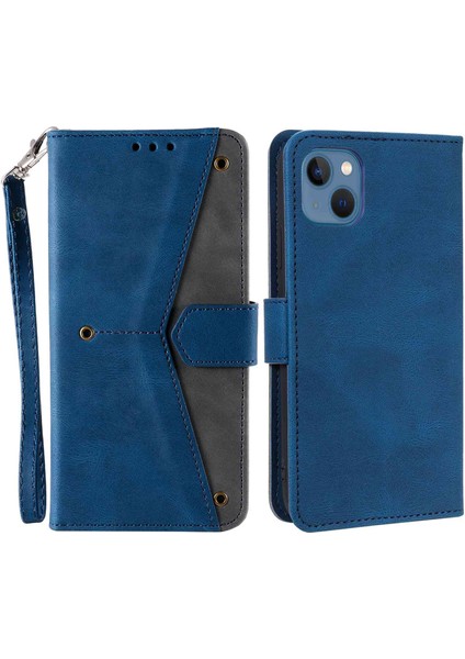 iPhone 14 Plus Için Ekleme Dikişi Cilt Dokunuşlu Folio Flip Kılıf Standı Pu Deri Düşmeye Dayanıklı Cep Telefonu Kılıfı-Mavi (Yurt Dışından)