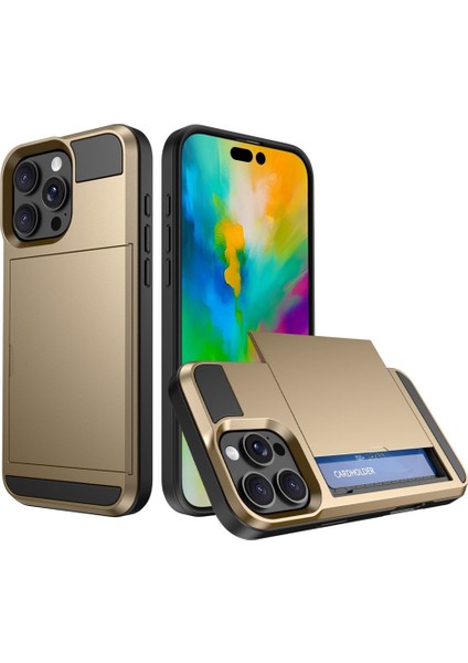 iPhone 16 Pro Max Kılıfı Kayar Kart Tutucu Pc+Tpu Telefon Arka Kapağı-Altın (Yurt Dışından)