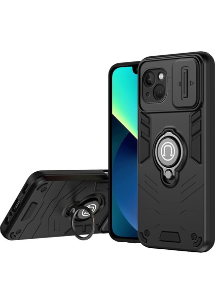 iPhone 13 Kickstand Kılıf Pc+Tpu Telefon Koruyucu Sürgülü Lens Kapağı-Siyah (Yurt Dışından)