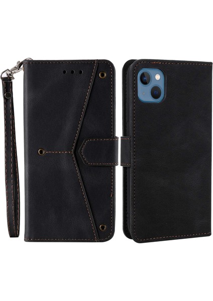 iPhone 14 Plus Için Ekleme Dikişi Cilt Dokunuşlu Folio Flip Kılıf Standı Pu Deri Düşmeye Dayanıklı Cep Telefonu Kılıfı-Siyah (Yurt Dışından)