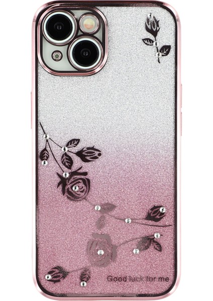 Kadem iPhone 15 Slim-Fit Shell Çiçek Parıltılı Yapay Elmas Tpu Degrade Kapak Cep Telefonu Kılıfı-Gül Altını (Yurt Dışından)