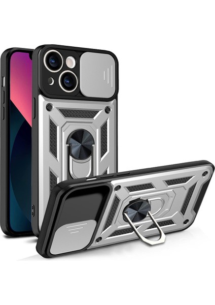 iPhone 13 Mini 5.4 Inç Için Her Yönlü Koruyucu Kamera Sürgülü Telefon Düşmeye Karşı Kılıf Arka Kabuk Kickstand ile - Gümüş (Yurt Dışından)