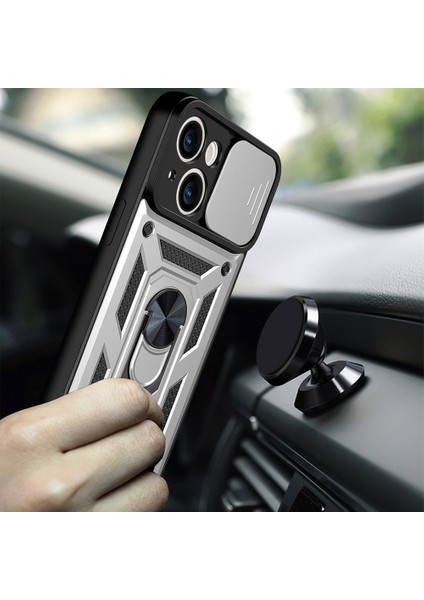 iPhone 13 Mini 5.4 Inç Için Her Yönlü Koruyucu Kamera Sürgülü Telefon Düşmeye Karşı Kılıf Arka Kabuk Kickstand ile - Gümüş (Yurt Dışından) modelleri