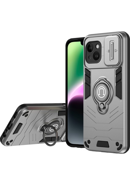 iPhone 14 Kılıfı Pc+Tpu Düşmeye Karşı Telefon Kılıfı Halka Destekli-Gri (Yurt Dışından)