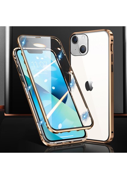 iPhone 15 Plus Için Telefon Kılıfı Manyetik Adsorpsiyon Metal Çerçeve + Çift Taraflı Temperli Cam Şeffaf Telefon Kılıfı - Altın (Yurt Dışından)