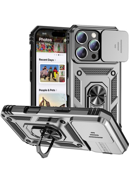 iPhone 16 Pro Kılıf Halkalı Kickstand Pc+Tpu Telefon Kılıfı Camshield-Gümüş (Yurt Dışından)
