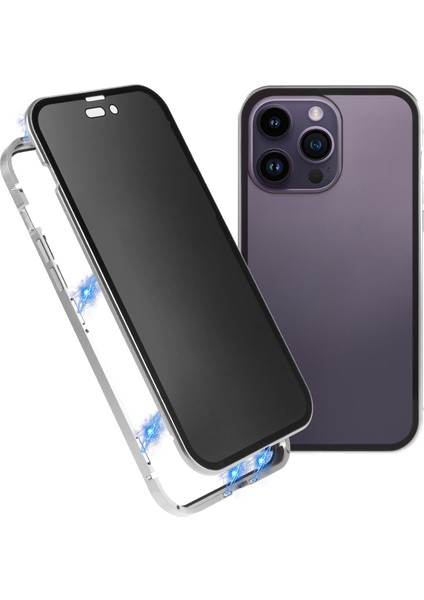 iPhone 15 Pro Için Gizlilik Kılıfı Manyetik Metal Çerçeve + Çift Taraflı Temperli Cam 360 Derece Koruma Telefon Kılıfı - Gümüş (Yurt Dışından)