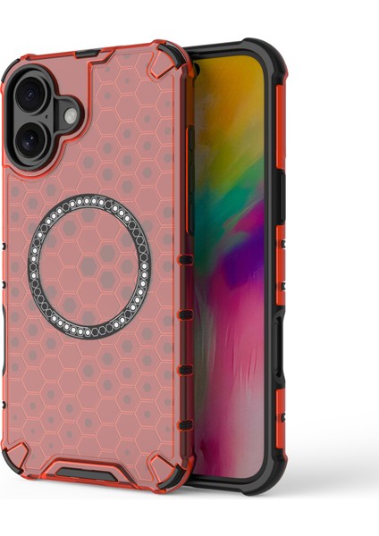 iPhone 16 Plus Manyetik Telefon Kılıfı Honeycomb Tpu+Pc Hibrit Kapak-Kırmızı (Yurt Dışından)