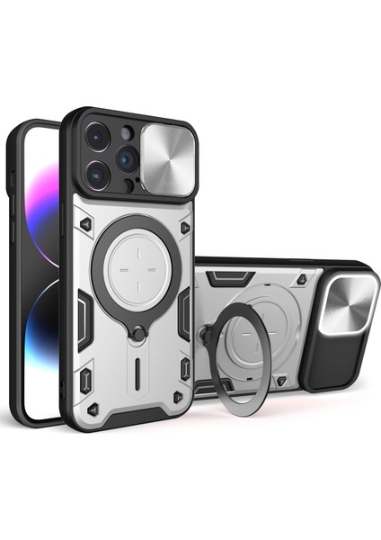iPhone 15 Pro Sürgülü Kamera Kapağı Pc+Tpu Arka Kapak Döndürme Destekli Telefon Kılıfı-Gümüş (Yurt Dışından)