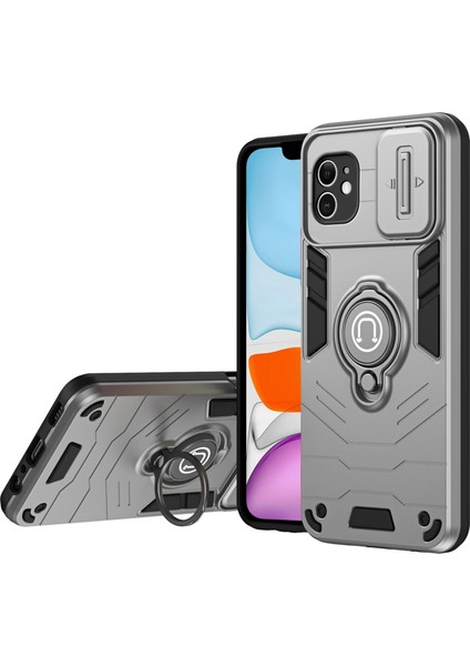 iPhone 11 Kılıfı Pc+Tpu Ayaklı Telefon Kılıfları Kayar Lens Kapağı Ile-Gri (Yurt Dışından)