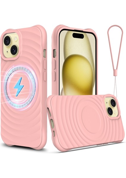 iPhone 15 Manyetik Kılıf Su Dalgası Doku Sıvı Silikon Koruyucu Telefon Kabuğu El Kayışı Ile-Pembe (Yurt Dışından)
