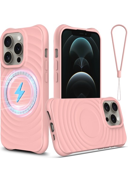 iPhone 12 Pro Max Manyetik Kılıf Darbeye Dayanıklı Sıvı Silikon Telefon Kılıfı Su Dalgası Dokusu-Pembe (Yurt Dışından)