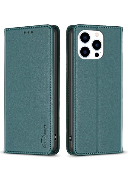 Bınfen Color BF18 iPhone 16 Pro Max Kılıf Manyetik Kapanışlı Deri Telefon Kılıfı-Yeşil (Yurt Dışından)