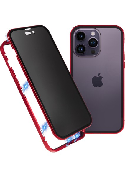 iPhone 14 Pro Max Darbeye Dayanıklı Anti-Pep Telefon Kılıfı Metal Çerçeve + Çift Taraflı Temperli Cam Hibrit Kapak Manyetik Kapatma ile - Kırmızı (Yurt Dışından)
