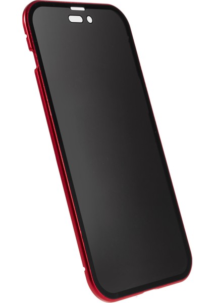 iPhone 14 Pro Max Darbeye Dayanıklı Anti-Pep Telefon Kılıfı Metal Çerçeve + Çift Taraflı Temperli Cam Hibrit Kapak Manyetik Kapatma ile - Kırmızı (Yurt Dışından) modelleri