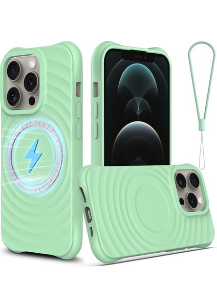 iPhone 12 Pro Max Manyetik Kılıf Darbeye Dayanıklı Sıvı Silikon Telefon Kılıfı Su Dalgası Dokusu-Yeşil (Yurt Dışından)