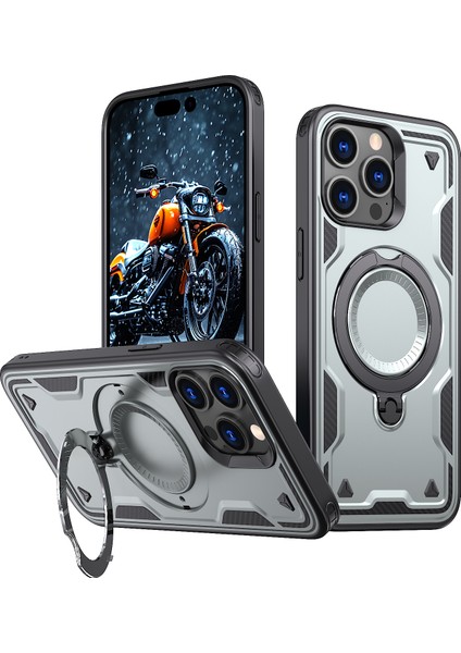 iPhone 15 Pro Kılıfı Magsafe Askeri Koruma Pc+Tpu Kickstand Telefon Kılıfı-Gri ile Uyumlu (Yurt Dışından)