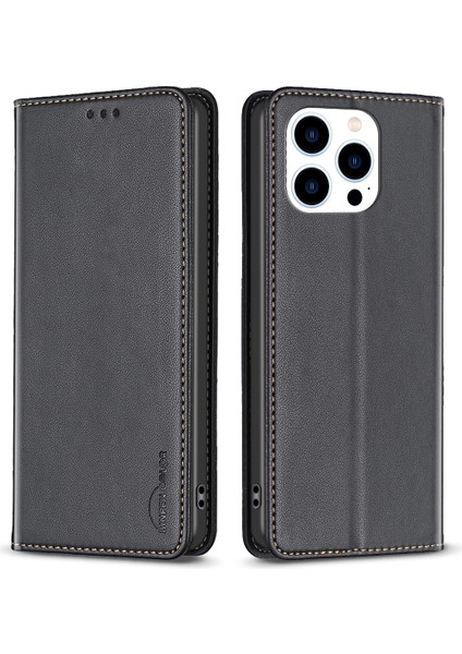 Bınfen Color BF18 iPhone 14 Pro Max Düşme Korumalı Kabuk Telefon Kılıfı Pu Deri Kart Yuvası Standı Kapağı-Siyah (Yurt Dışından)