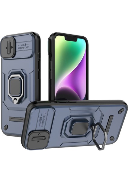 iPhone 15 Plus Telefon Kılıfı Düşme Korumalı Pc+Tpu Ayaklık Kapağı Kayar Kamera Kapağı-Mavi (Yurt Dışından)