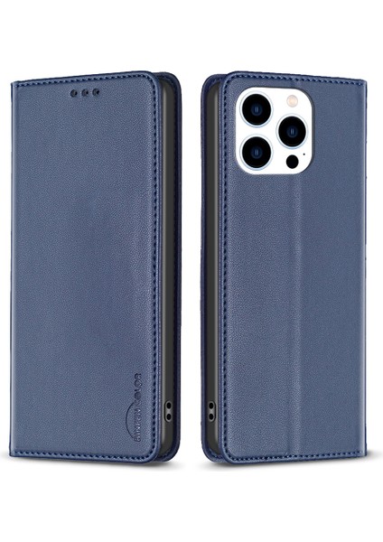 Bınfen Color BF18 iPhone 16 Pro Max Kılıf Manyetik Kapanışlı Deri Telefon Kılıfı-Mavi (Yurt Dışından)