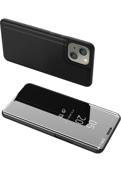 View Window Galvanik Aynalı Yüzey Deri Flip Kılıf Standlı iPhone 13 6.1 Inç-Siyah (Yurt Dışından)