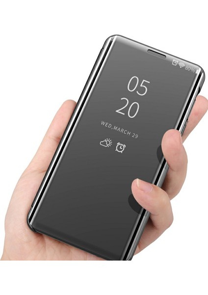 View Window Galvanik Aynalı Yüzey Deri Flip Kılıf Standlı iPhone 13 6.1 Inç-Siyah (Yurt Dışından) modelleri