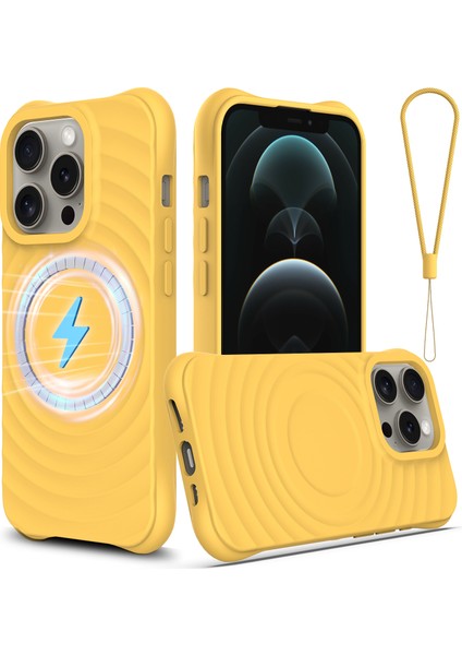 iPhone 12 Pro Max Manyetik Kılıf Darbeye Dayanıklı Sıvı Silikon Telefon Kılıfı Su Dalgası Dokusu-Sarı (Yurt Dışından)