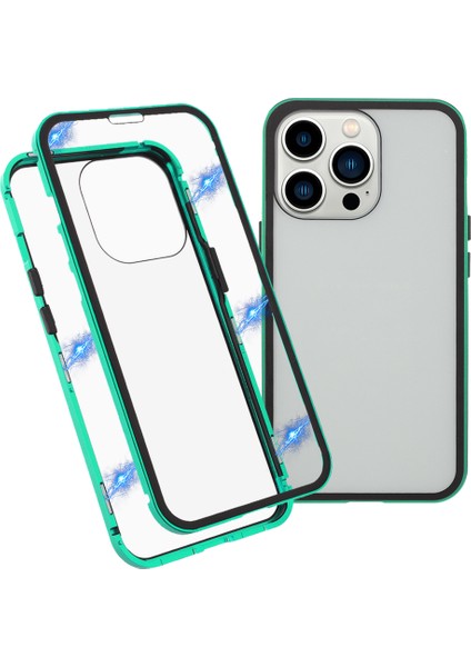 Ultra Şeffaf Çift Taraflı Temperli Cam + Metal Çerçeve Manyetik Kurulum Telefon Kılıfı Kabuğu iPhone 13 Pro 6.1 Inç-Yeşil (Yurt Dışından)