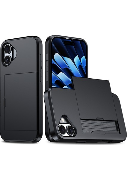iPhone 16 Kılıfı Çift Katmanlı Tpu+Pc Telefon Kılıfı Kayar Kart Yuvası Ile-Siyah (Yurt Dışından)