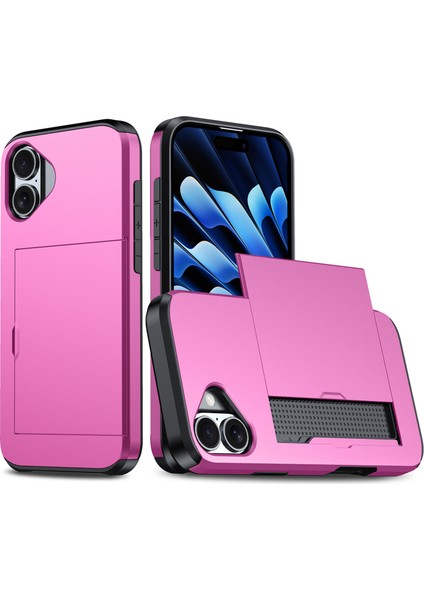 iPhone 16 Kılıfı Çift Katmanlı Tpu+Pc Telefon Kılıfı Kayar Kart Yuvası Ile-Pembe (Yurt Dışından)