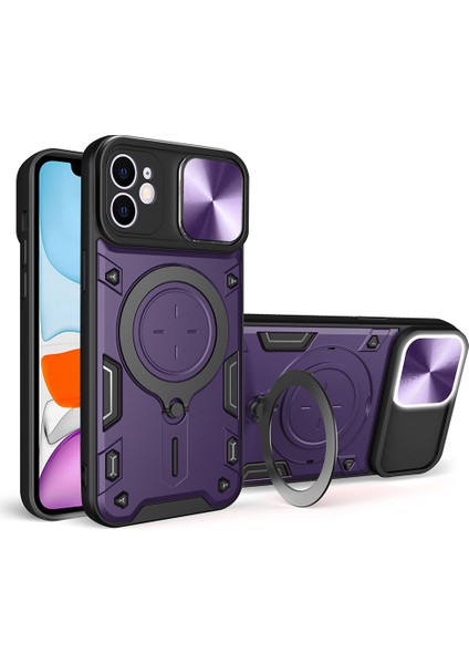 iPhone 11 Için Kayar Kamera Kapağı Düşmeye Lı Pc+Tpu Telefon Kılıfı Döndürülebilir Destekli-Mor (Yurt Dışından)