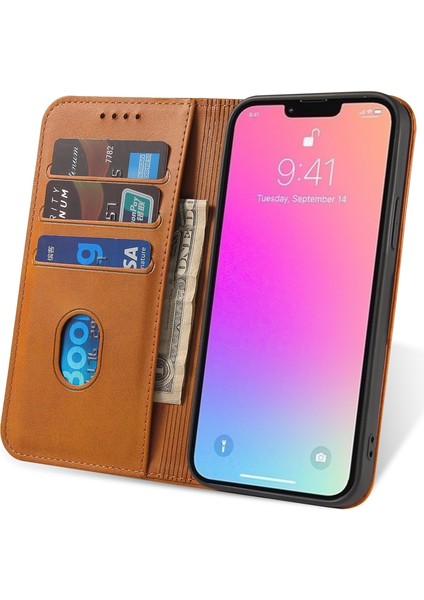 iPhone 14 Pro Max Toz Geçirmez Telefon Kılıfı Cüzdan Manyetik Deri Stand Dana Doku Telefon Kılıfı-Haki (Yurt Dışından) modelleri