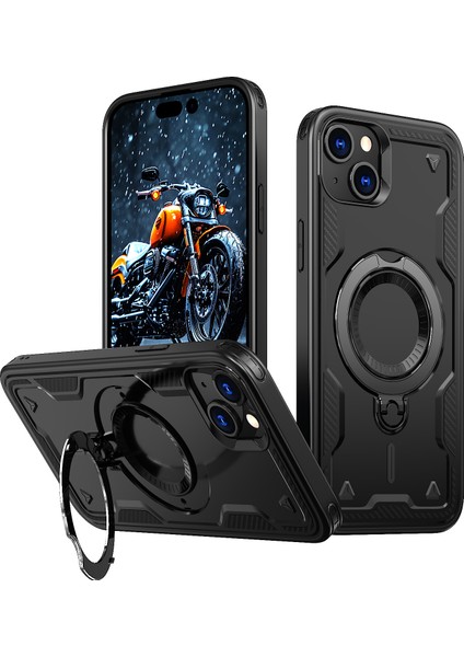 iPhone 15 Plus Kılıf Için Magsafe Askeri Koruma Pc+Tpu Kickstand Telefon Kılıfı-Siyah ile Uyumlu (Yurt Dışından)
