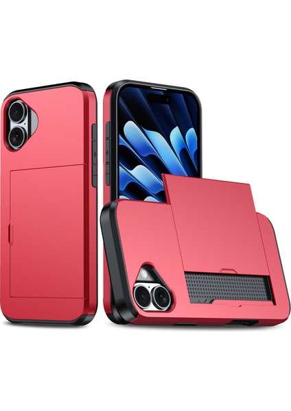 iPhone 16 Plus Kılıf Kart Tutucu Tpu+Pc Telefon Kılıfı Çift Katmanlı Darbeye Dayanıklı-Kırmızı (Yurt Dışından)