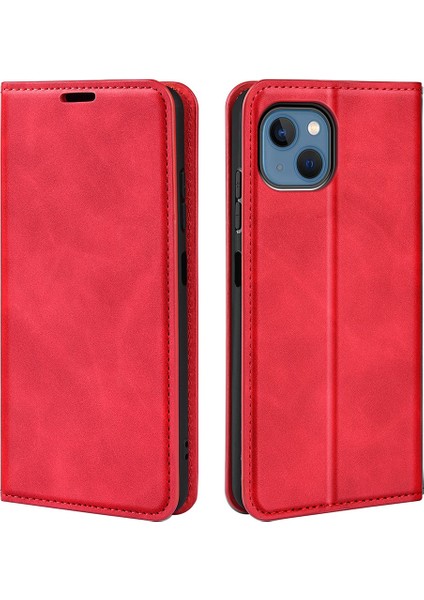 iPhone 14 6.1 Inç Skin-Touch Hissi Deri Cüzdan Kılıf Manyetik Otomatik Kapanan Stand Tpu Darbeye Dayanıklı Iç Kılıf-Kırmızı (Yurt Dışından)