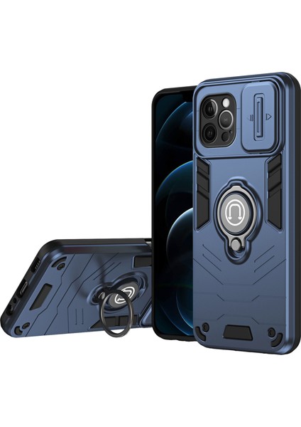 iPhone 12 Pro Max Kılıfı Pc+Tpu Kickstand Arka Kapak Sürgülü Lens Kapağı-Mavi (Yurt Dışından)