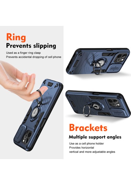 iPhone 12 Pro Max Kılıfı Pc+Tpu Kickstand Arka Kapak Sürgülü Lens Kapağı-Mavi (Yurt Dışından) fiyatları