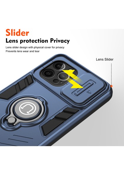 iPhone 12 Pro Max Kılıfı Pc+Tpu Kickstand Arka Kapak Sürgülü Lens Kapağı-Mavi (Yurt Dışından) modelleri
