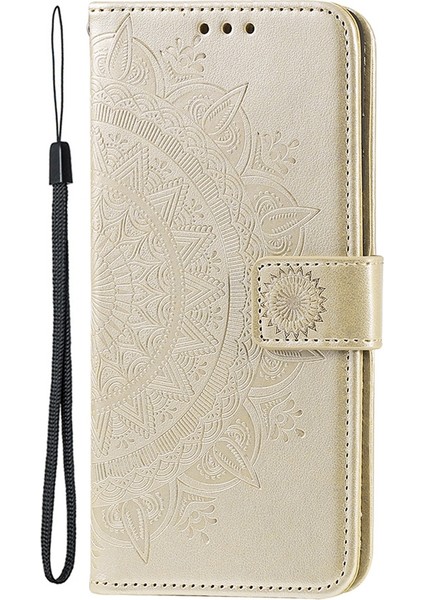 iPhone 14 Pro Max 6.7 Inç Mandala Çiçek Desenli Baskılı Pu Deri Cüzdan Kapaklı Tpu Iç Bilek Kayışı Folio Stand Kapak-Altın (Yurt Dışından) fırsatları