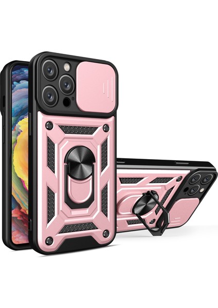 iPhone 14 Pro 6.1 Inç Için Parmak Izi Önleyici Telefon Kılıfı, Ayaklı Sürgülü Kamera Koruma Pc+Tpu Çizilmez Telefon Kılıfı-Gül Altını (Yurt Dışından)