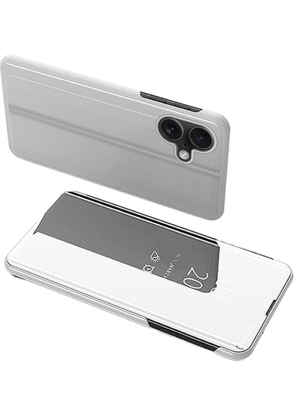 iPhone 16 Kılıf Görünüm Penceresi Standı Deri Kapaklı Telefon Kılıfı-Gümüş (Yurt Dışından)