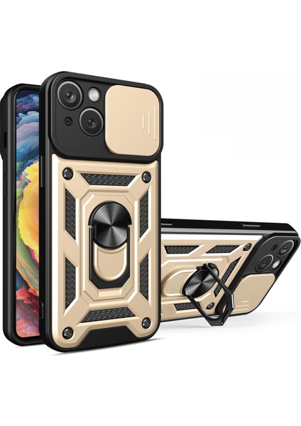 iPhone 15 Plus Parmak Izi Önleyici Telefon Kılıfı Pc+Tpu Kickstand Kılıfı Arka Lens Korumalı-Altın (Yurt Dışından)