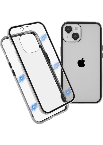 iPhone 14 Plus Için Her Yönüyle Koruma Metal Tampon + Çift Taraflı Temperli Cam Aşınmaya Karşı Manyetik Telefon Kılıfı - Gümüş (Yurt Dışından)