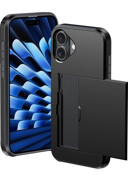 iPhone 16 Plus Kılıf Kart Tutucu Tpu+Pc Telefon Kılıfı Çift Katmanlı Darbeye Dayanıklı-Siyah (Yurt Dışından) fiyatları