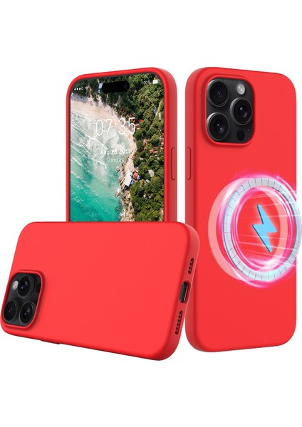 iPhone 16 Pro Manyetik Kılıf Darbeye Dayanıklı Sıvı Silikon Telefon Kılıfı-Kırmızı (Yurt Dışından)