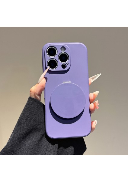 iPhone 16 Pro Max Kılıfı Düz ​​kenar Koruma Tpu+Pc Telefon Kılıfı Aynalı Ayaklık-Mor (Yurt Dışından)